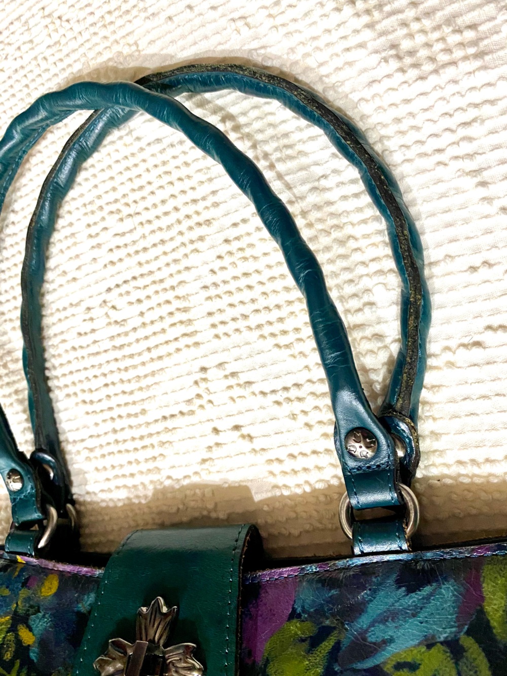 Patricia Nash Leather Satchel Purse Deep Blue Nature Floral Printed Accents - Picture 7 of 16